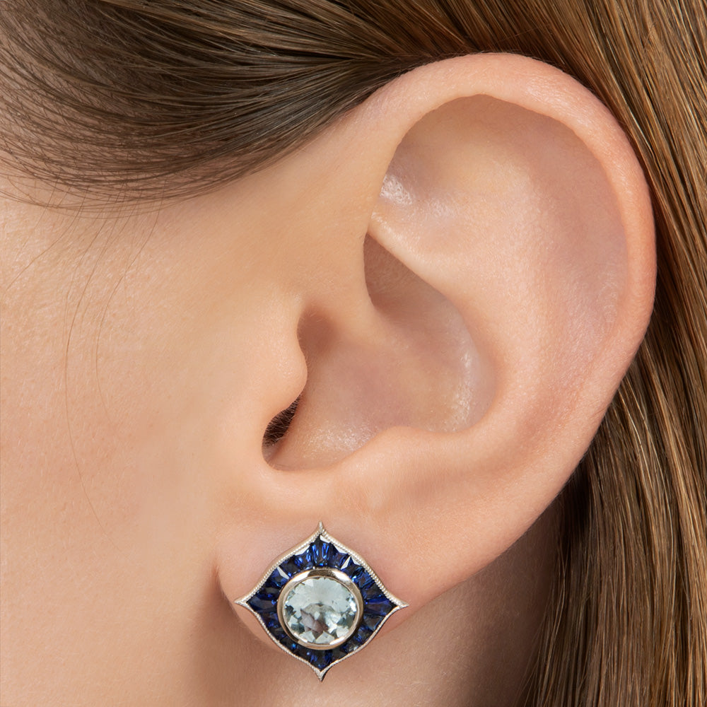 Art Deco-Style Aquamarine and Sapphire Stud Earrings - 5
