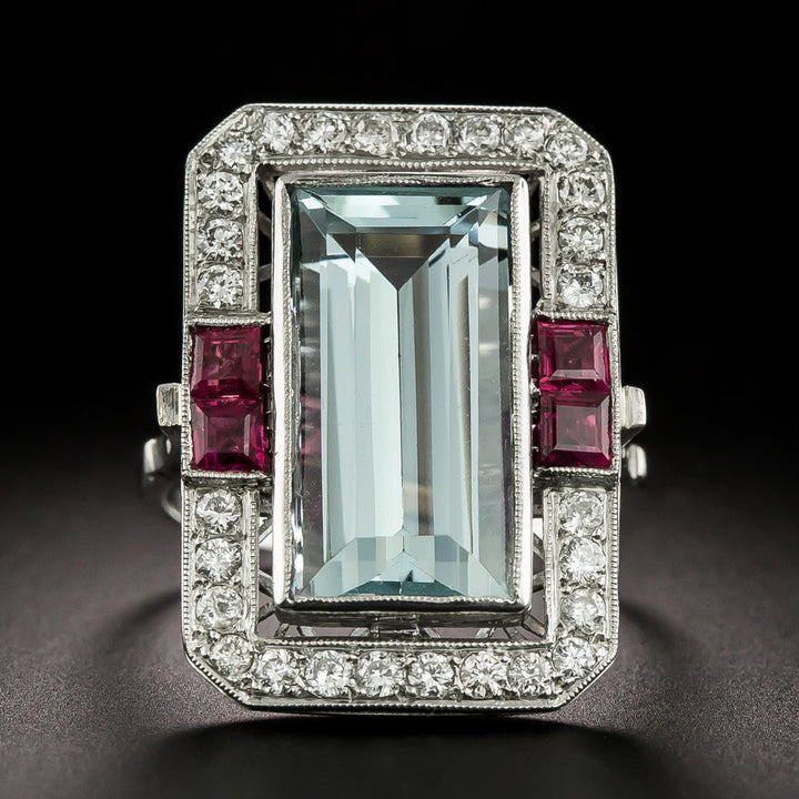 Art Deco-Style Aquamarine, Diamond and Ruby Ring