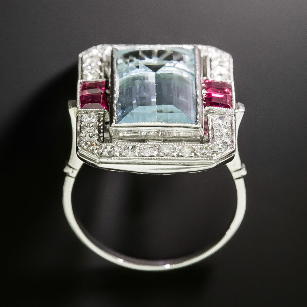 Art Deco-Style Aquamarine, Diamond and Ruby Ring - 5