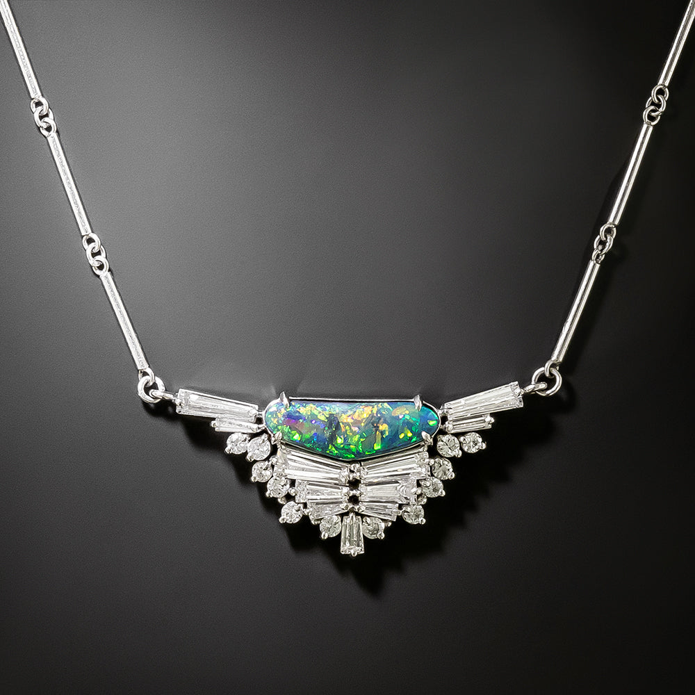 Art Deco-Style Black Opal and Baguette Diamond Necklace - 2