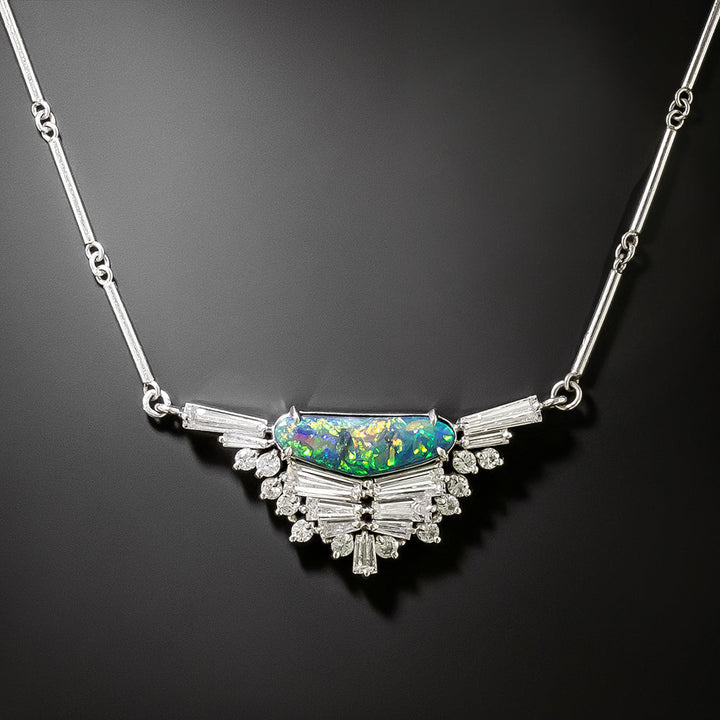 Art Deco-Style Black Opal and Baguette Diamond Necklace