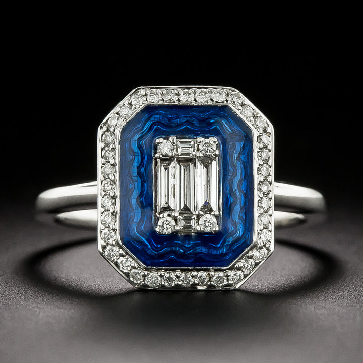 Art Deco-Style Blue Enamel and Diamond Ring