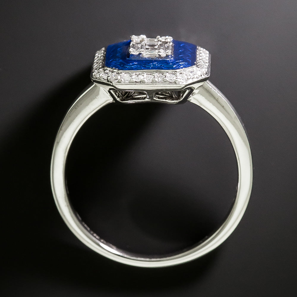 Art Deco-Style Blue Enamel and Diamond Ring - 6