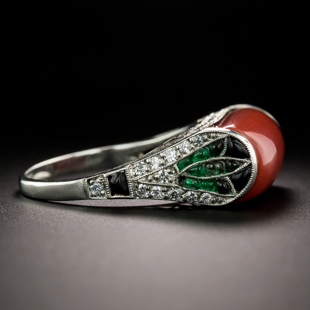 Art Deco-Style Coral, Emerald, and Onyx Ring - 4