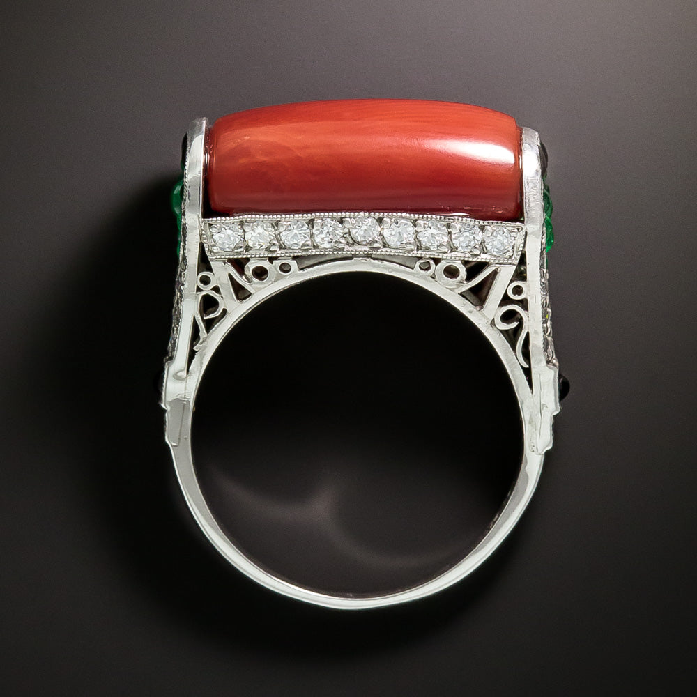 Art Deco-Style Coral, Emerald, and Onyx Ring - 5