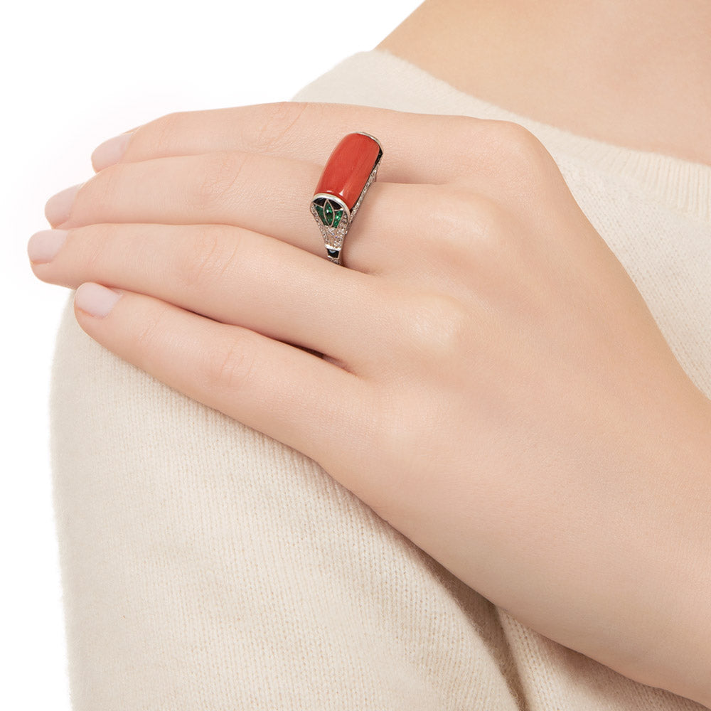 Art Deco-Style Coral, Emerald, and Onyx Ring - 6