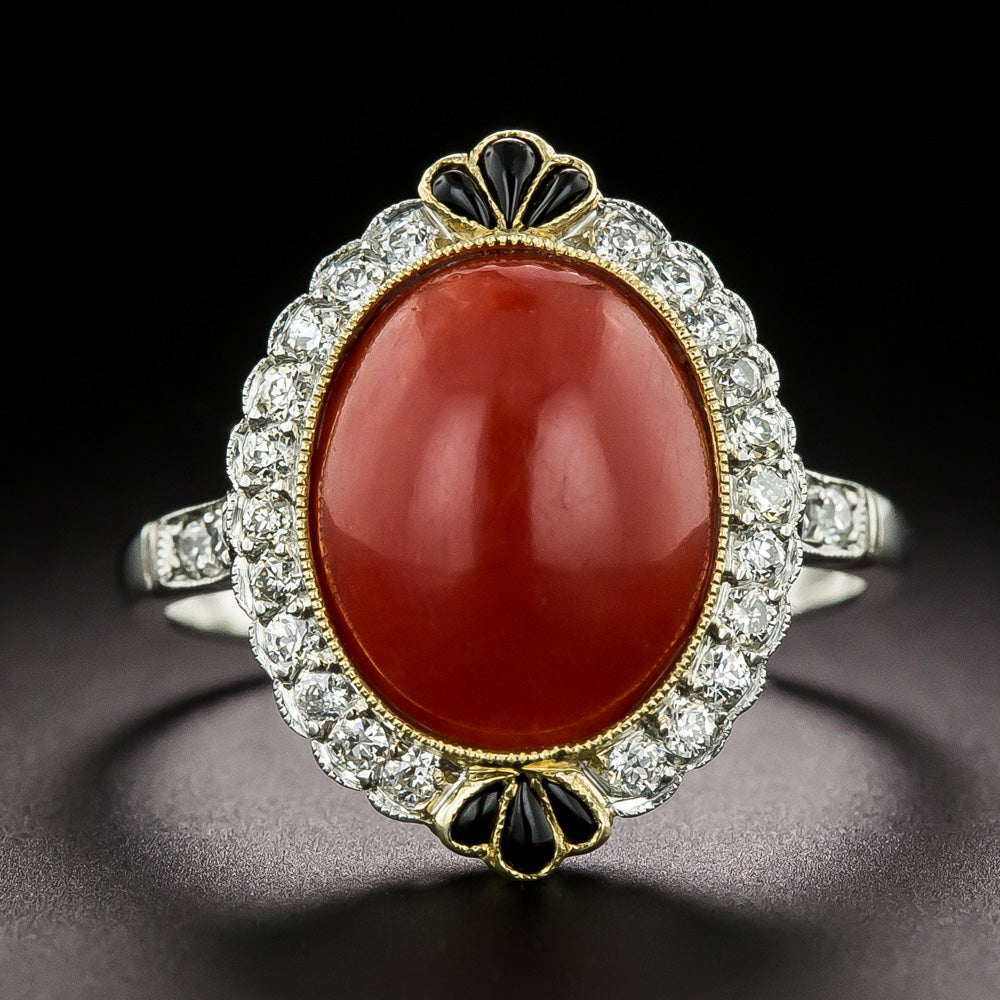 Art Deco-Style Coral, Onyx, and Diamond Ring - 3