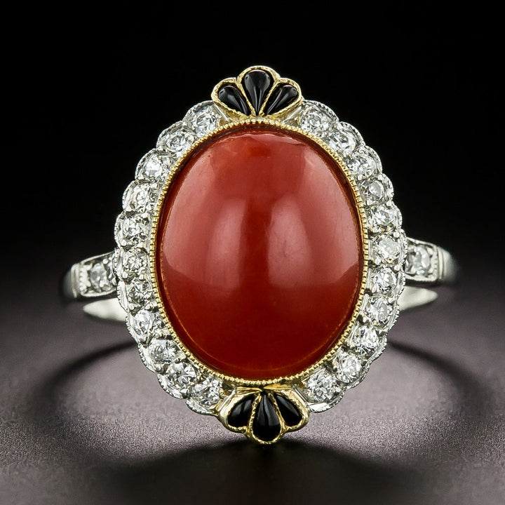Art Deco-Style Coral, Onyx, and Diamond Ring