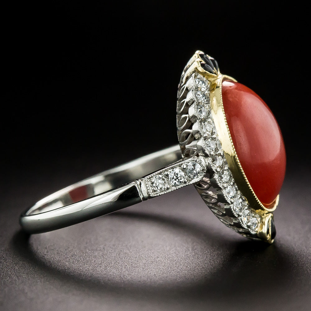 Art Deco-Style Coral, Onyx, and Diamond Ring - 4