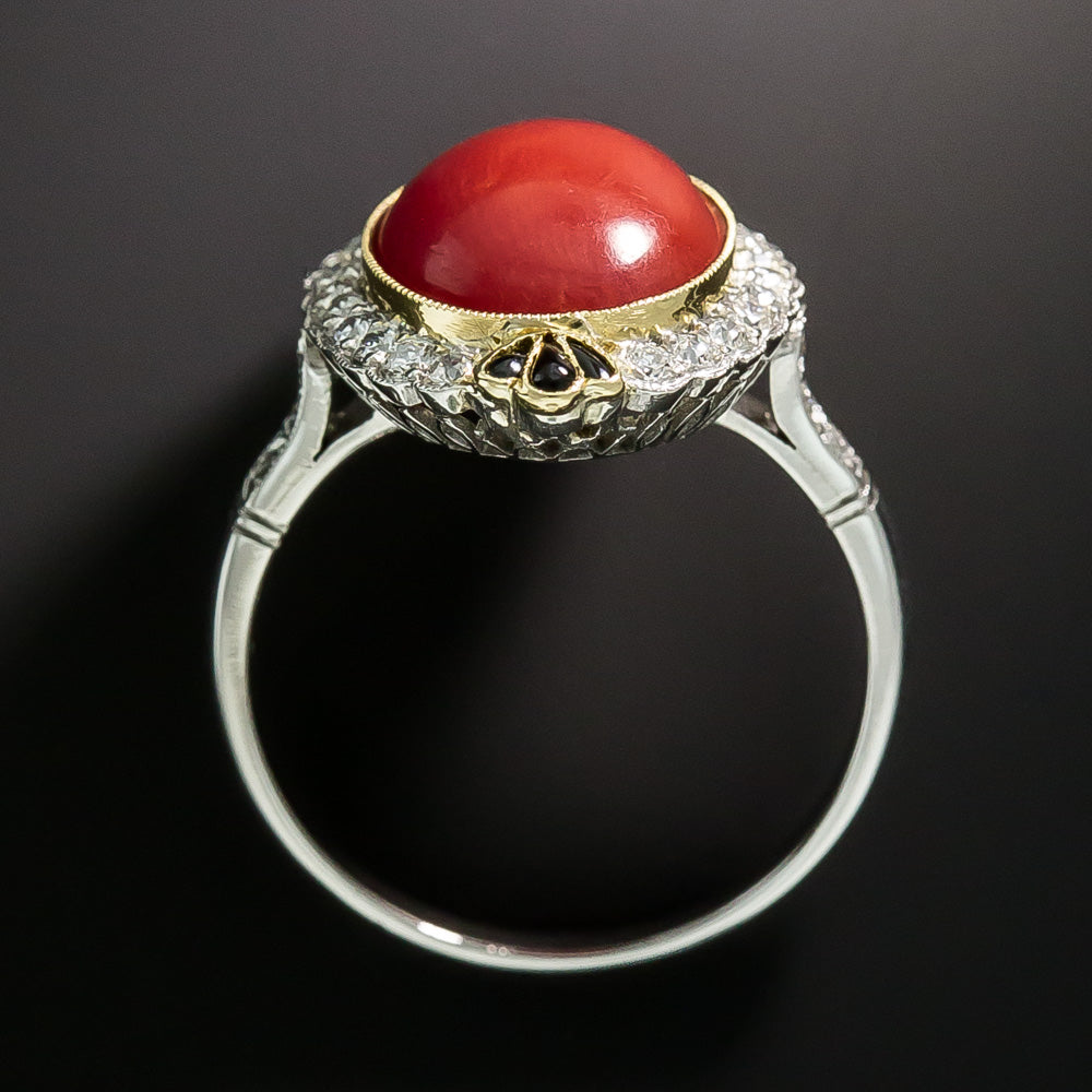 Art Deco-Style Coral, Onyx, and Diamond Ring - 5