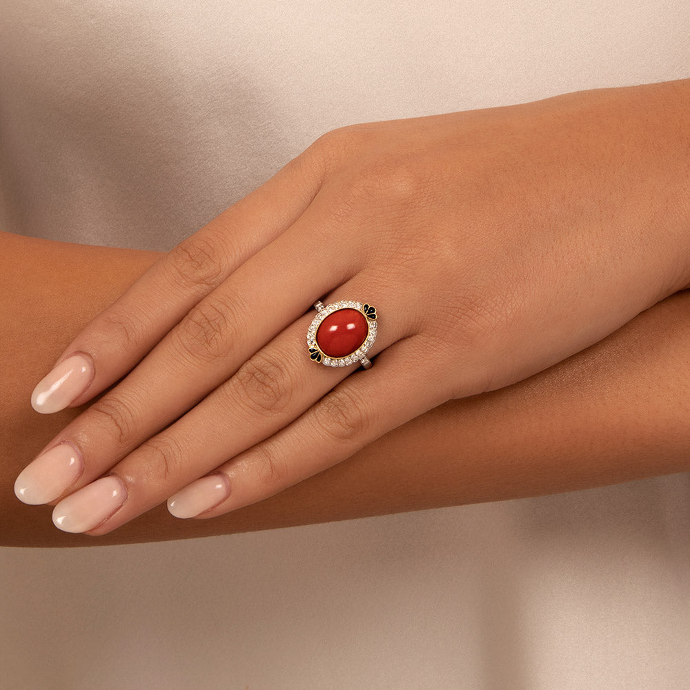 Art Deco-Style Coral, Onyx, and Diamond Ring - 6