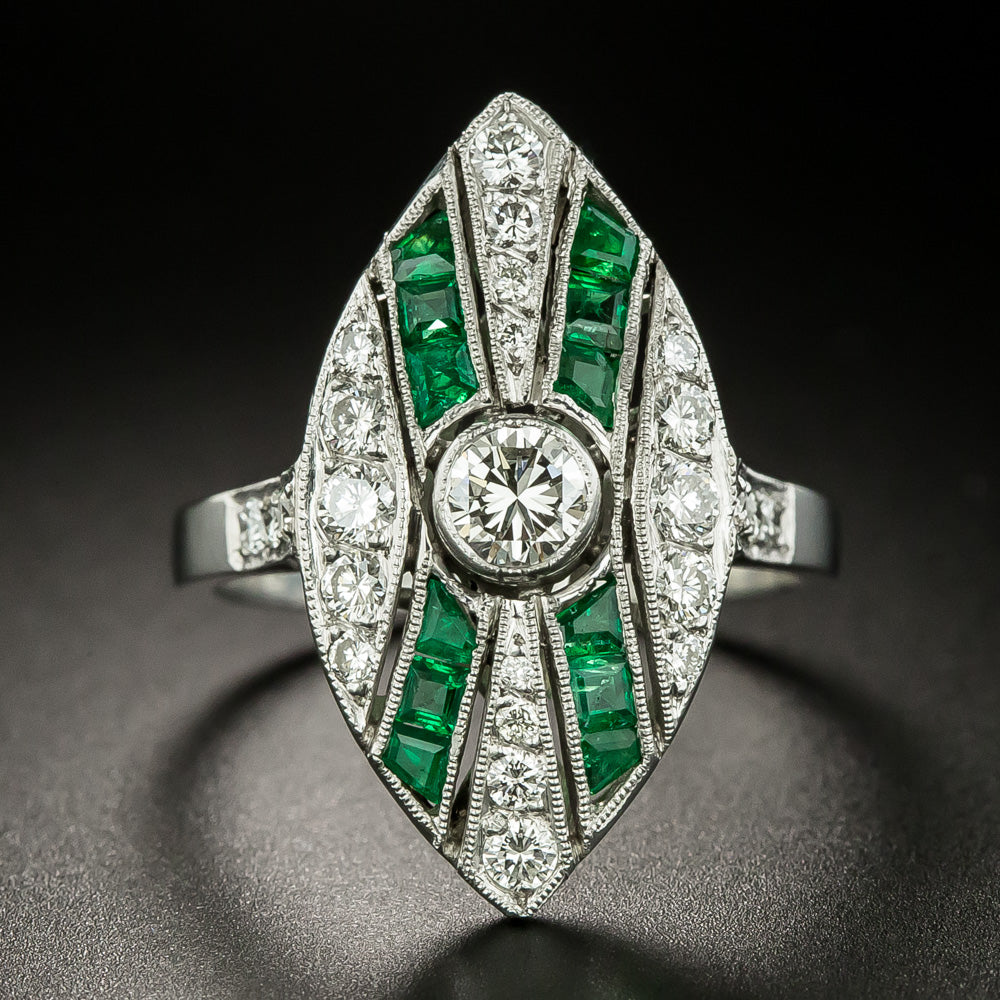 Art Deco-Style Diamond and Emerald Dinner Ring - 1