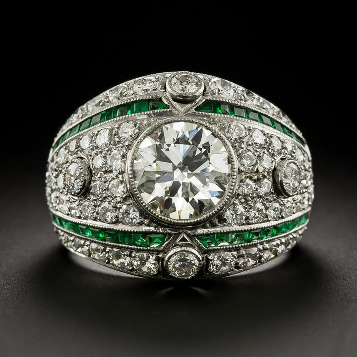 Art Deco-Style  Diamond and Emerald Ring  - GIA  K VS2