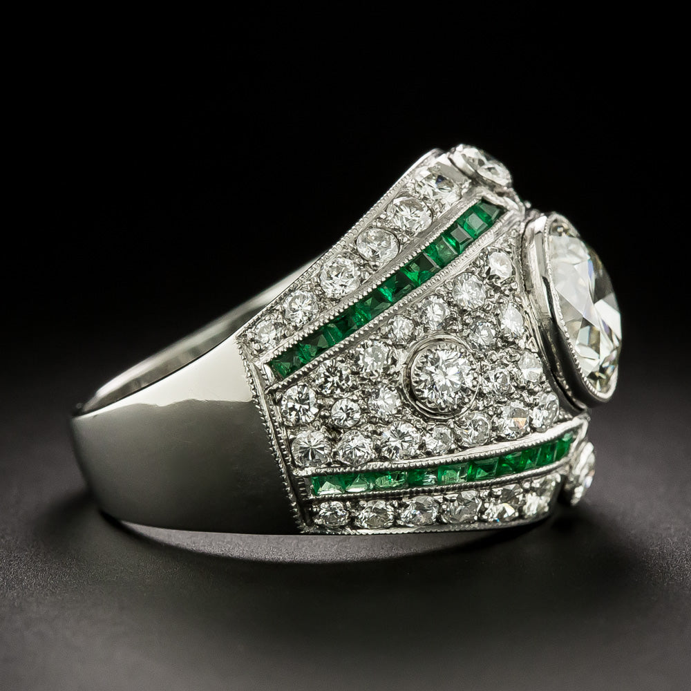 Art Deco-Style  Diamond and Emerald Ring  - GIA  K VS2 - 3