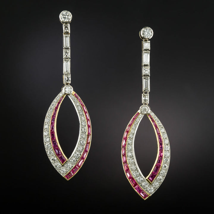 Art Deco Style Diamond And Ruby Long Drop Earrings