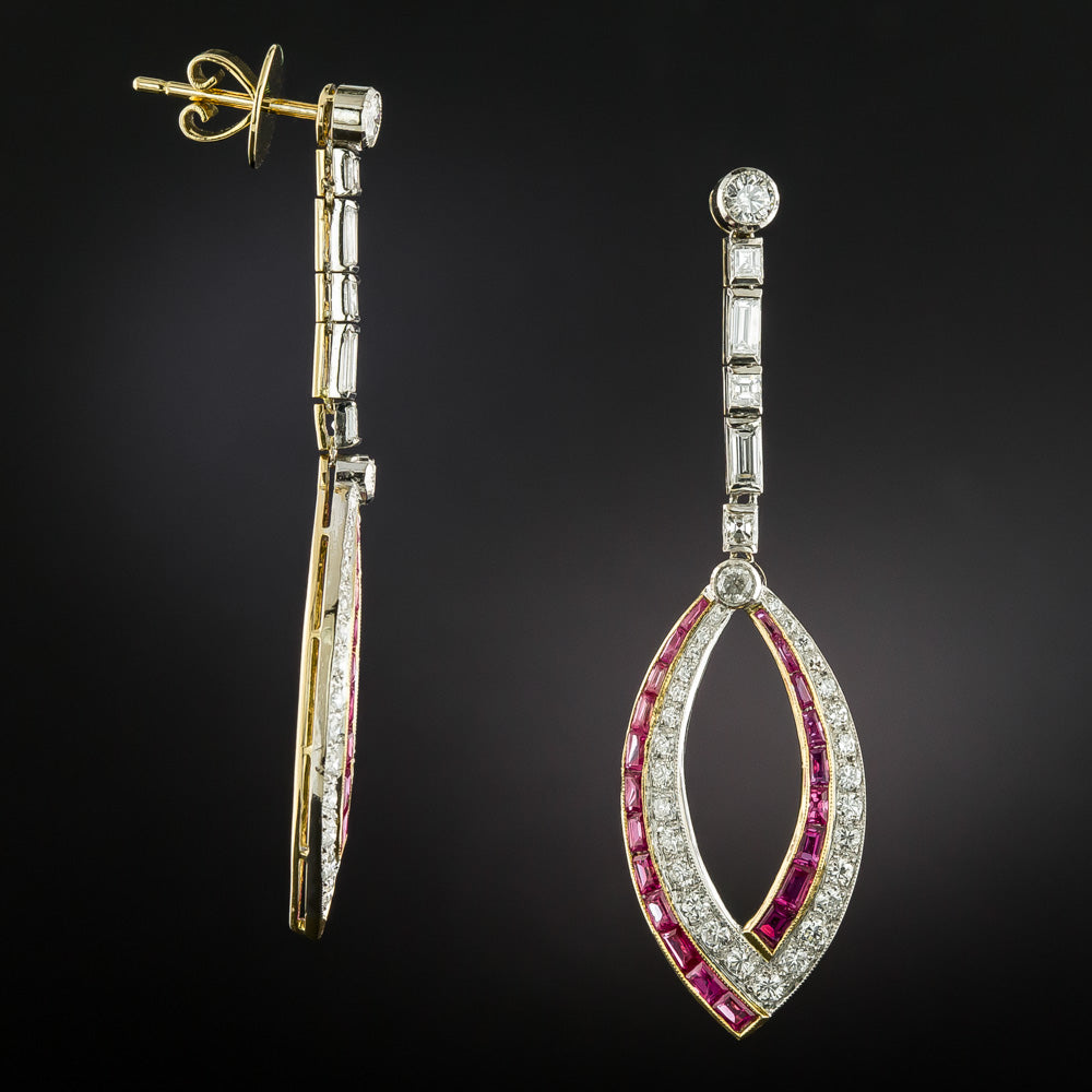 Art Deco Style Diamond And Ruby Long Drop Earrings - 3