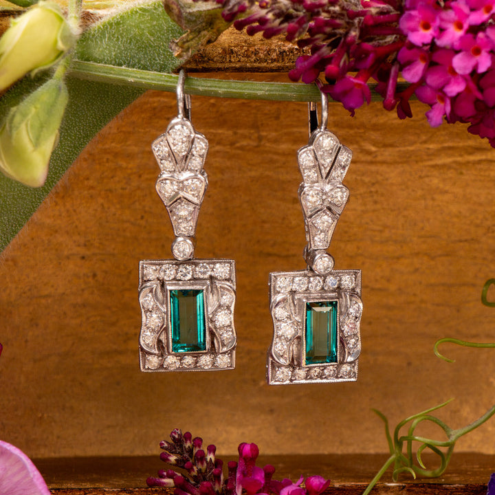 Art Deco-Style Emerald and Diamond Drop Earrings - GIA F1