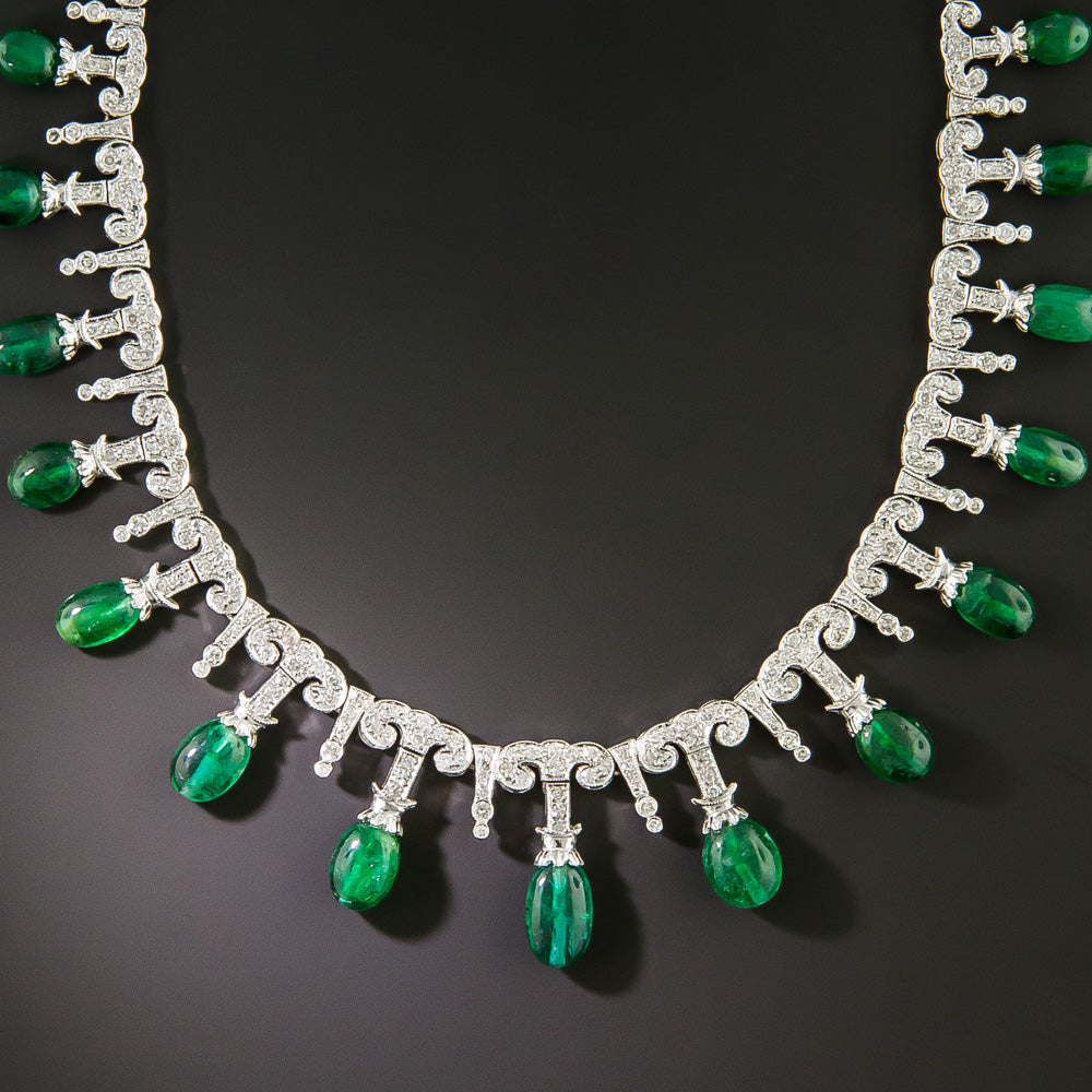 Art Deco-Style Emerald Bead and Diamond Fringe Necklace - 4
