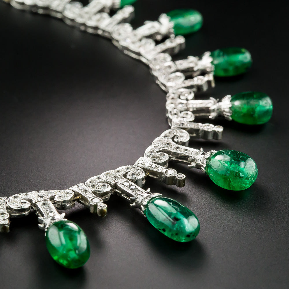 Art Deco-Style Emerald Bead and Diamond Fringe Necklace - 6
