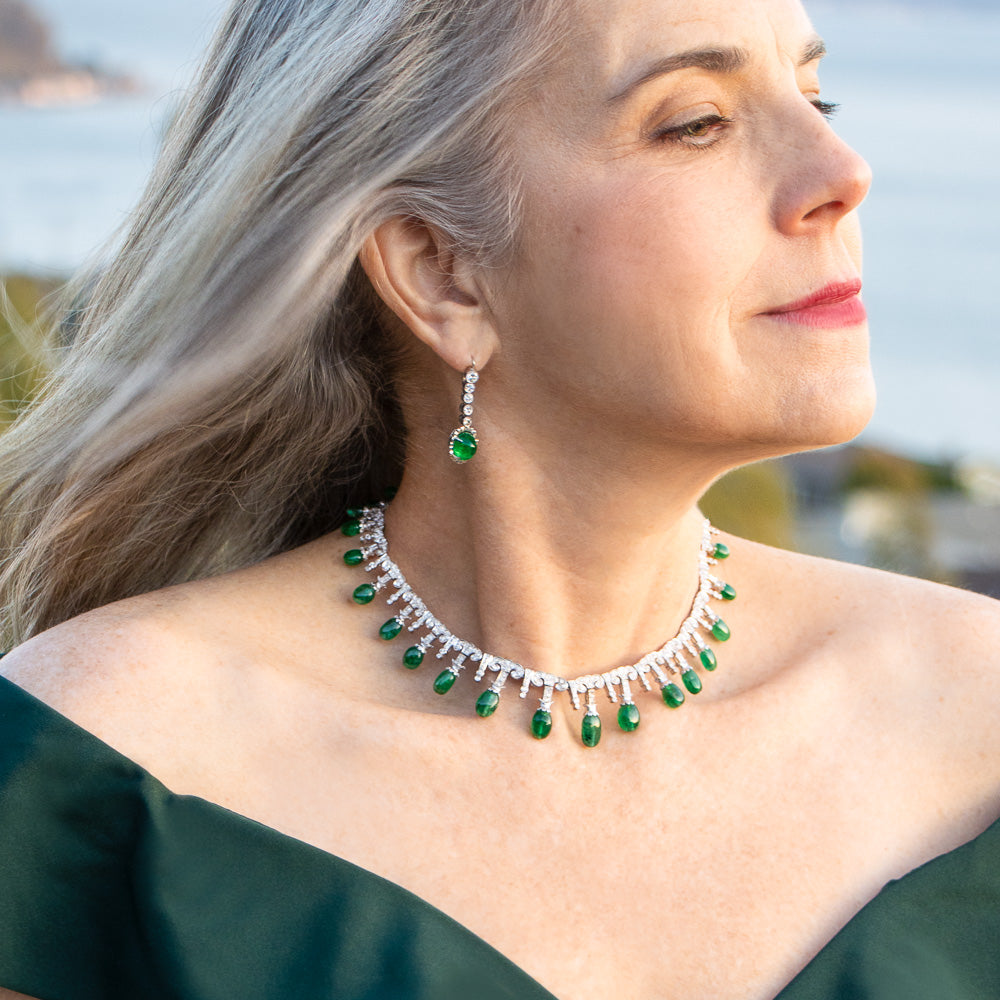 Art Deco-Style Emerald Bead and Diamond Fringe Necklace - 7