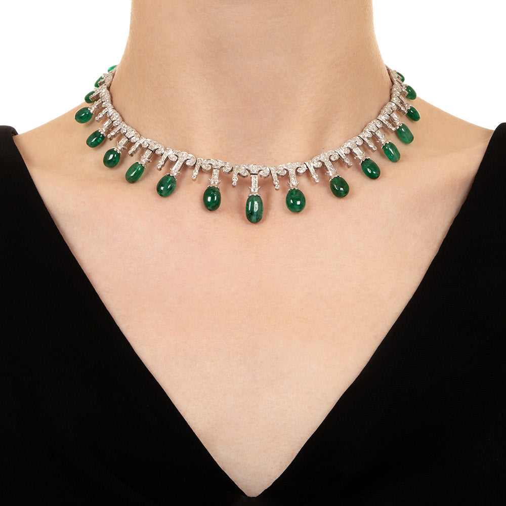 Art Deco-Style Emerald Bead and Diamond Fringe Necklace - 8