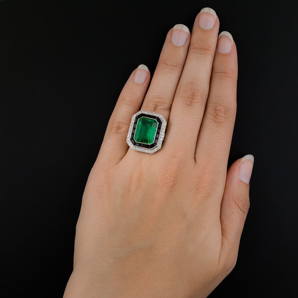 Art Deco Style Green Glass, Black Onyx and Diamond Ring - 9