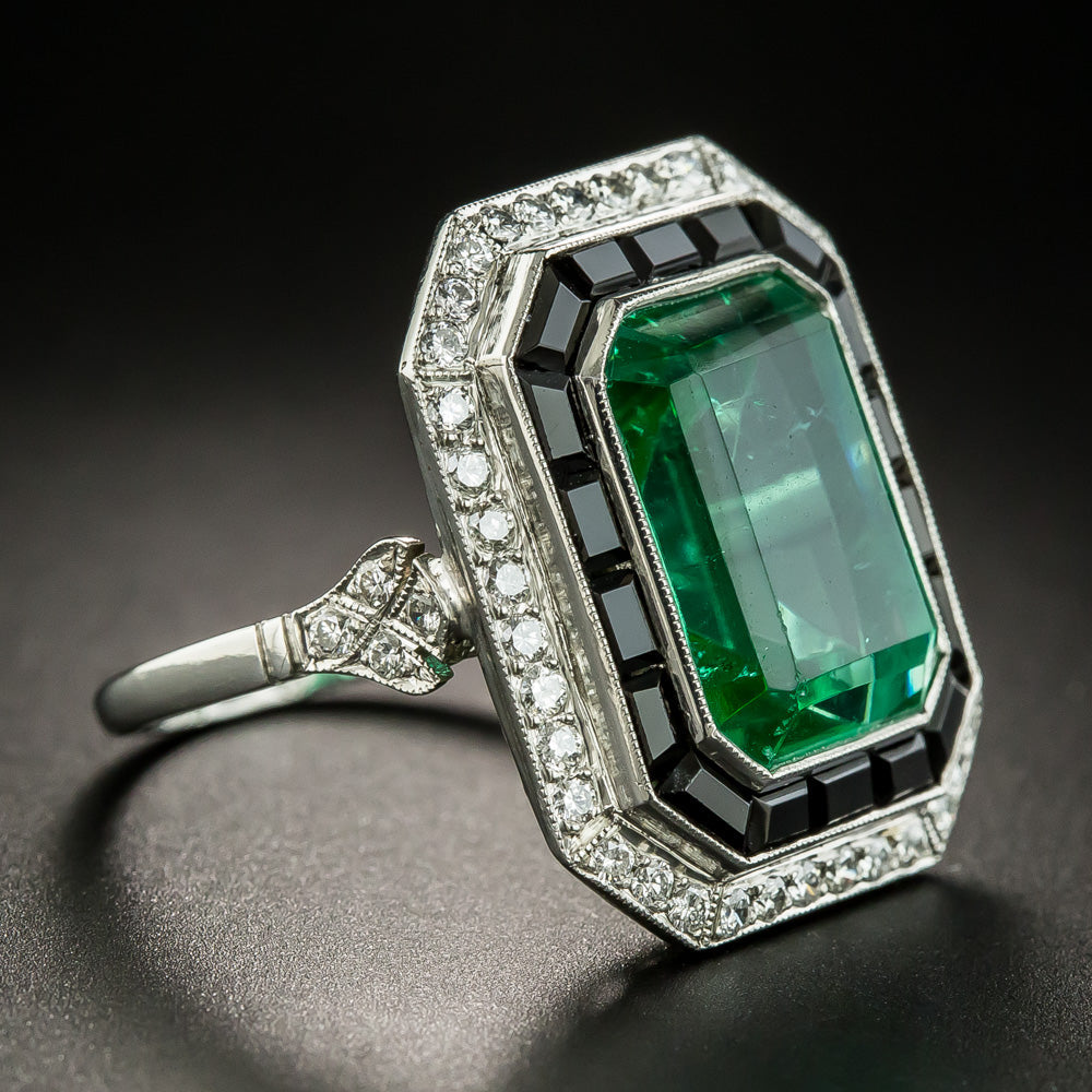 Art Deco Style Green Glass, Black Onyx and Diamond Ring - 4