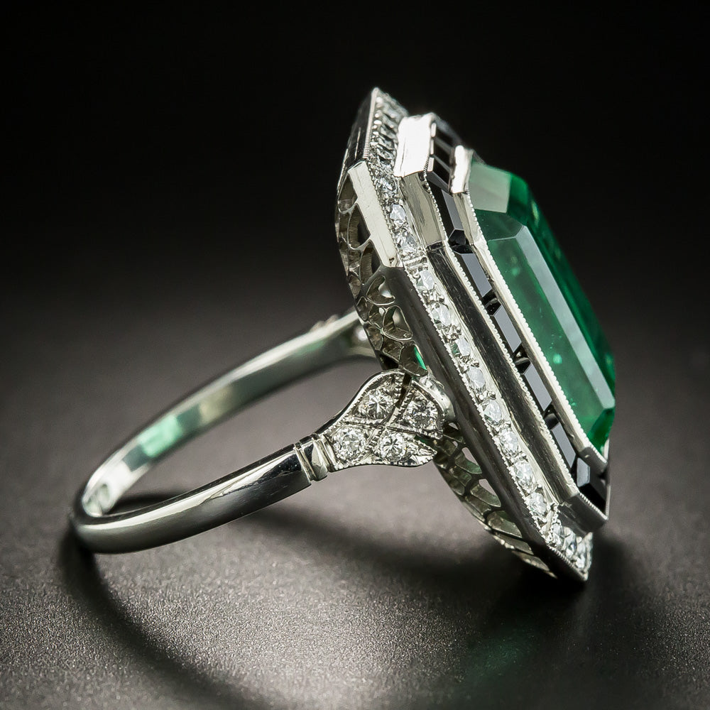 Art Deco Style Green Glass, Black Onyx and Diamond Ring - 5