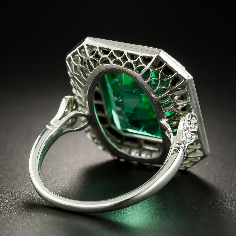 Art Deco Style Green Glass, Black Onyx and Diamond Ring - 6