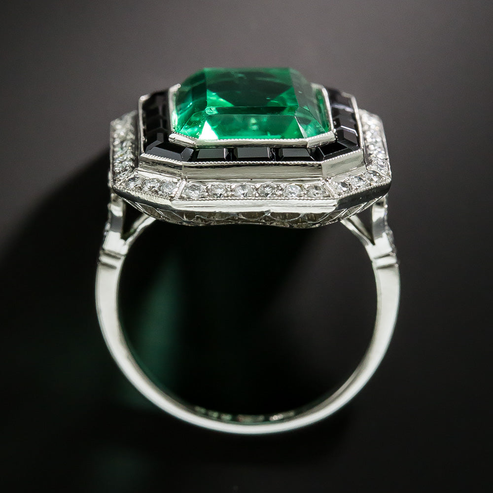 Art Deco Style Green Glass, Black Onyx and Diamond Ring - 8