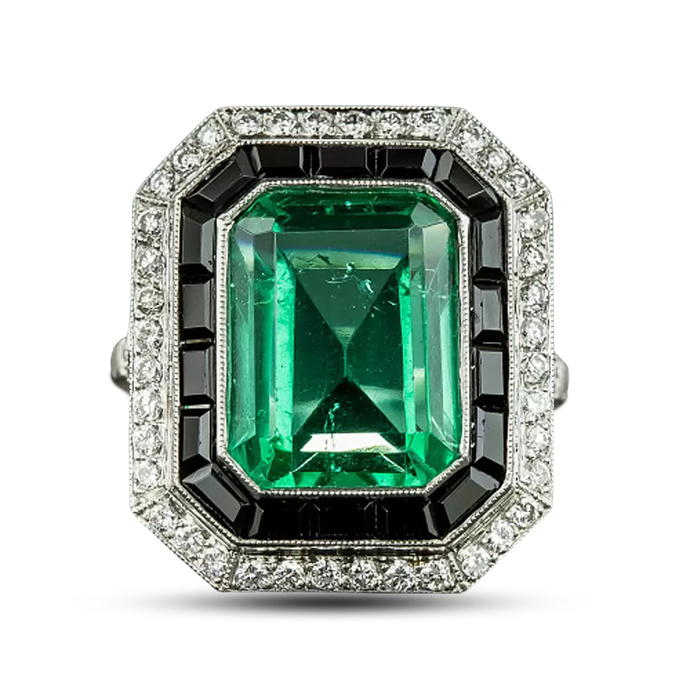 Art Deco Style Green Glass, Black Onyx and Diamond Ring - 8