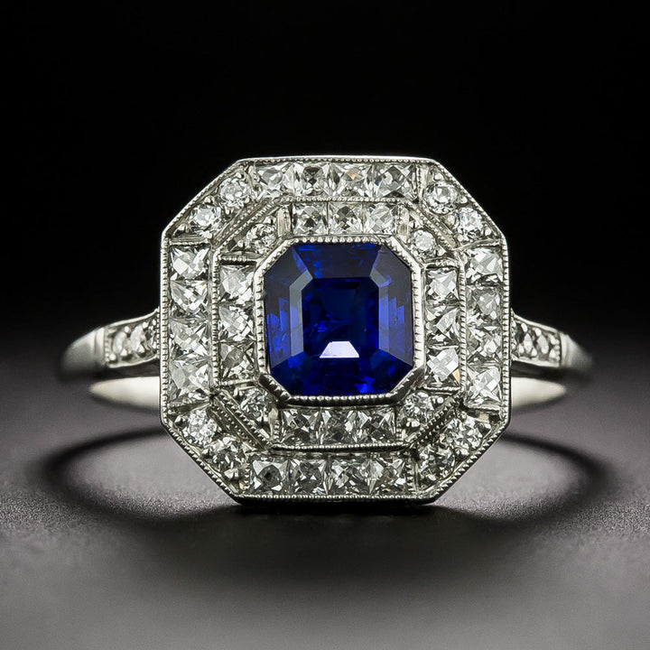 Art Deco-Style No-Heat Sapphire and Diamond Double Halo Ring