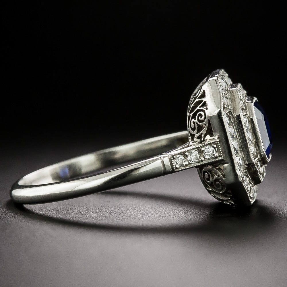 Art Deco-Style No-Heat Sapphire and Diamond Double Halo Ring - 4