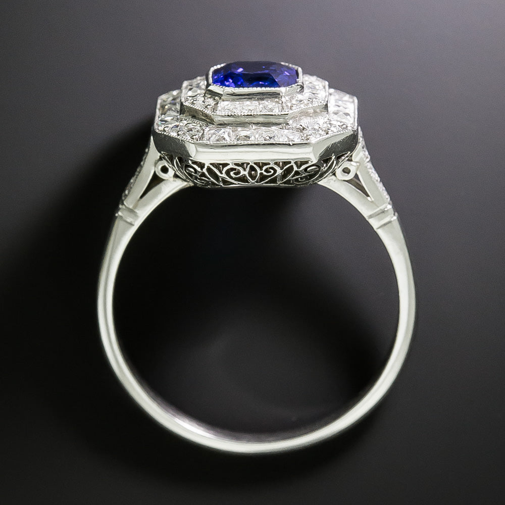 Art Deco-Style No-Heat Sapphire and Diamond Double Halo Ring - 5