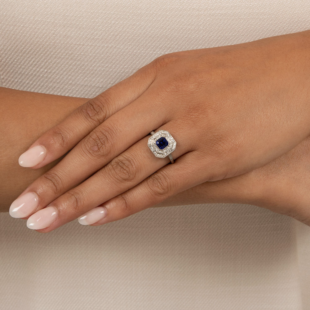 Art Deco-Style No-Heat Sapphire and Diamond Double Halo Ring - 6