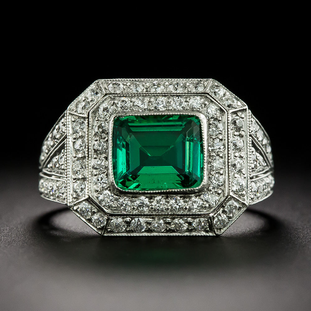 Art Deco Style No Treatment 1.05 Carat Colombian Emerald and Diamond Ring - GIA - 3