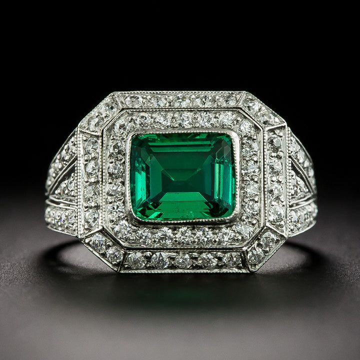 Art Deco Style No Treatment 1.05 Carat Colombian Emerald and Diamond Ring - GIA