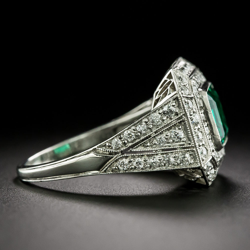 Art Deco Style No Treatment 1.05 Carat Colombian Emerald and Diamond Ring - GIA - 4