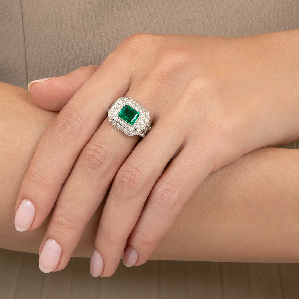 Art Deco Style No Treatment 1.05 Carat Colombian Emerald and Diamond Ring - GIA - 6