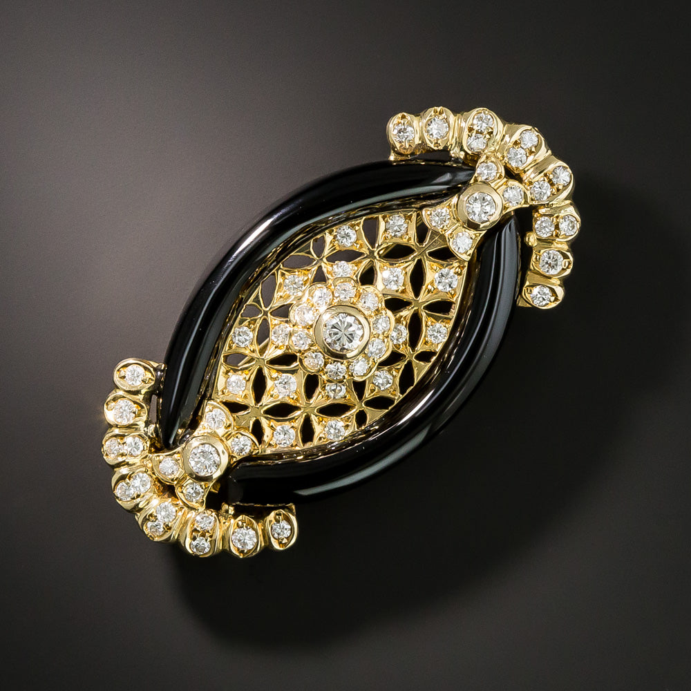 Art Deco-Style Onyx and Diamond Brooch - 1
