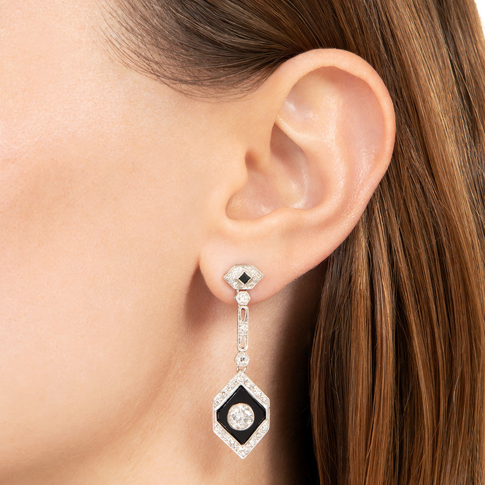Art Deco-Style Onyx and Diamond Drop Earrings - 4