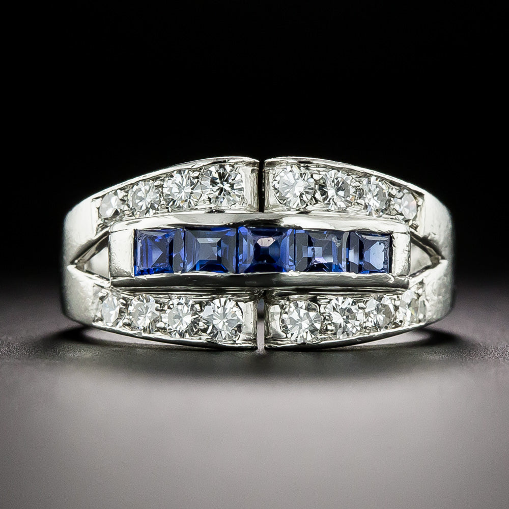 Art Deco-Style Sapphire and Diamond Buckle Motif Ring - 2