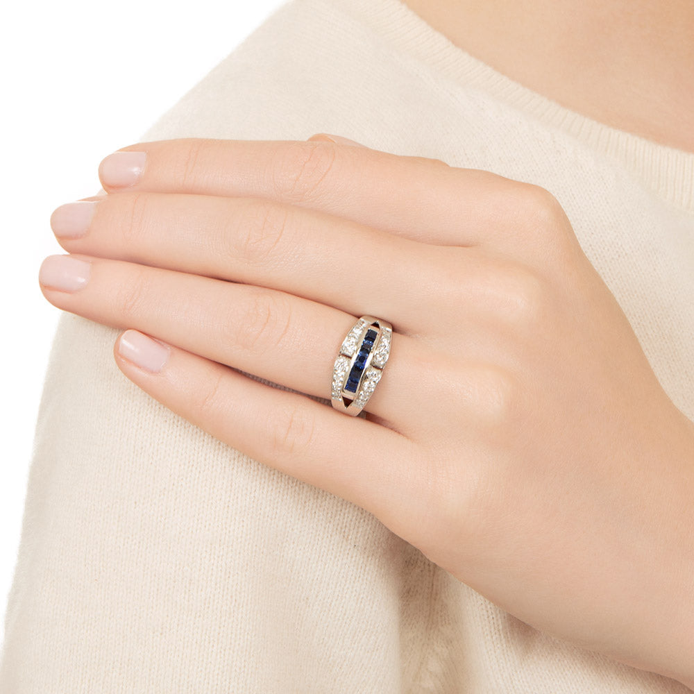 Art Deco-Style Sapphire and Diamond Buckle Motif Ring - 5
