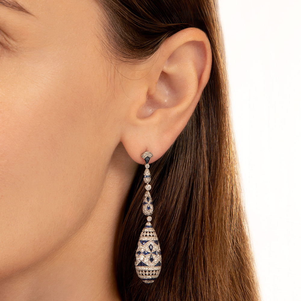 Art Deco-Style Sapphire and Diamond Dangle Earrings - 5