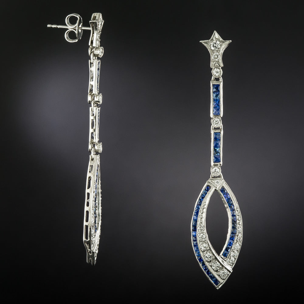 Art Deco-Style Sapphire and Diamond Dangle Earrings - 3
