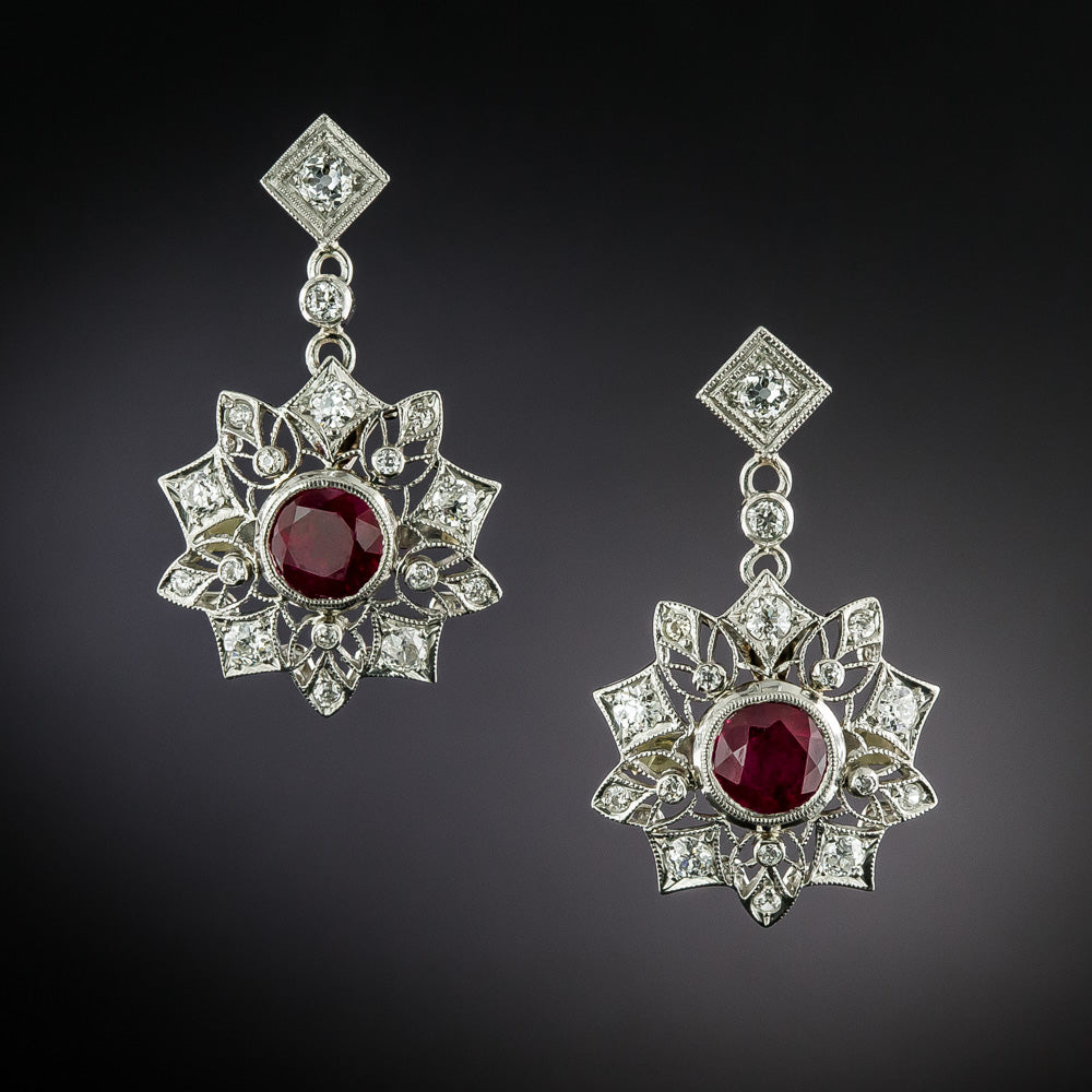 Art Deco-Style Snowflake Motif Ruby and Diamond Dangle Earrings - 4