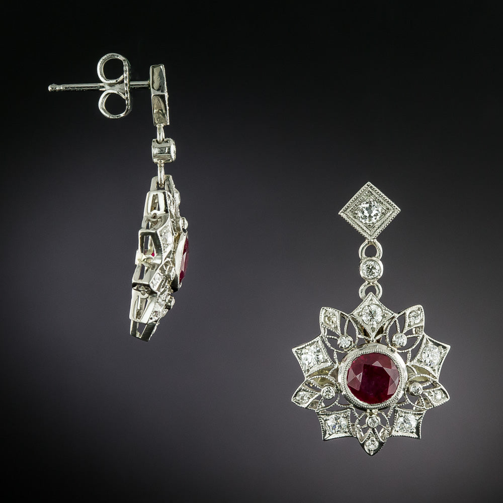Art Deco-Style Snowflake Motif Ruby and Diamond Dangle Earrings - 5