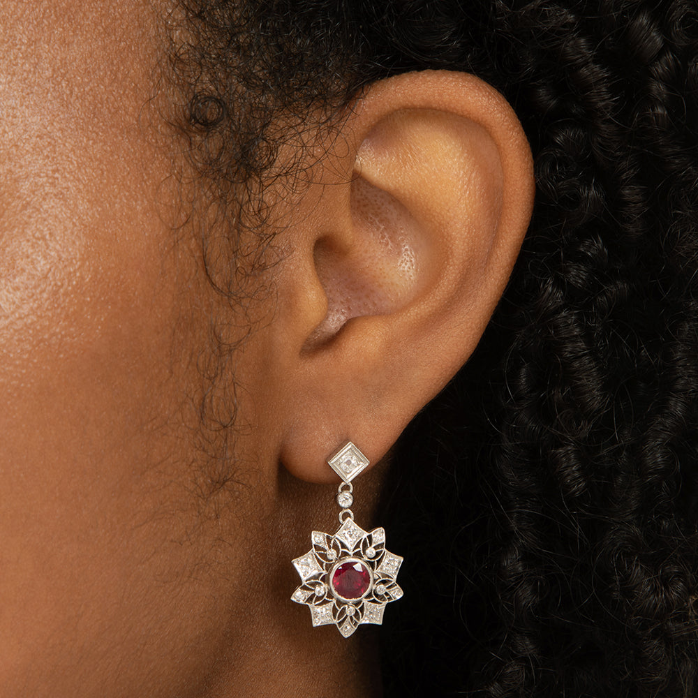 Art Deco-Style Snowflake Motif Ruby and Diamond Dangle Earrings - 6