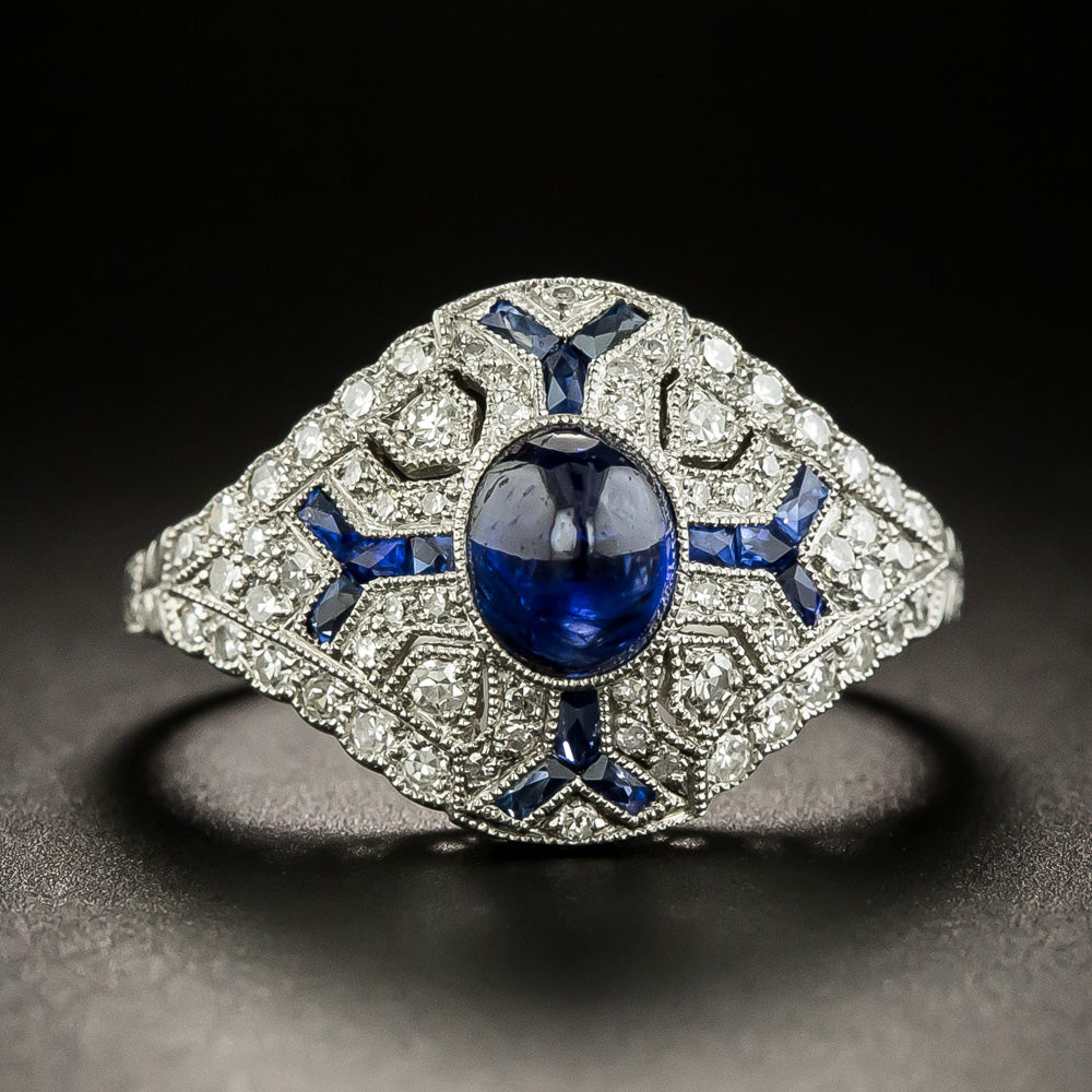 Art Deco-Style Sugarloaf Sapphire and Diamond Ring - 2