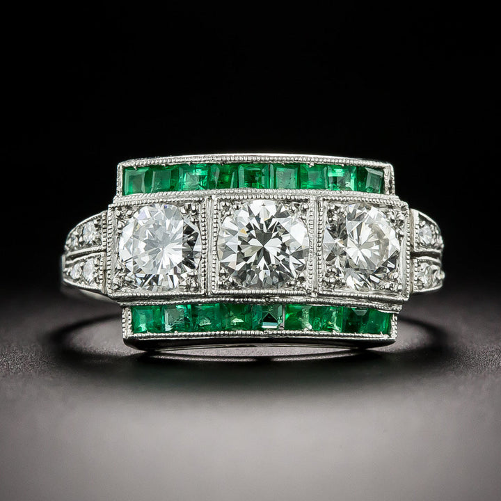 Art Deco-Style Three-Stone Diamond and Emerald Ring